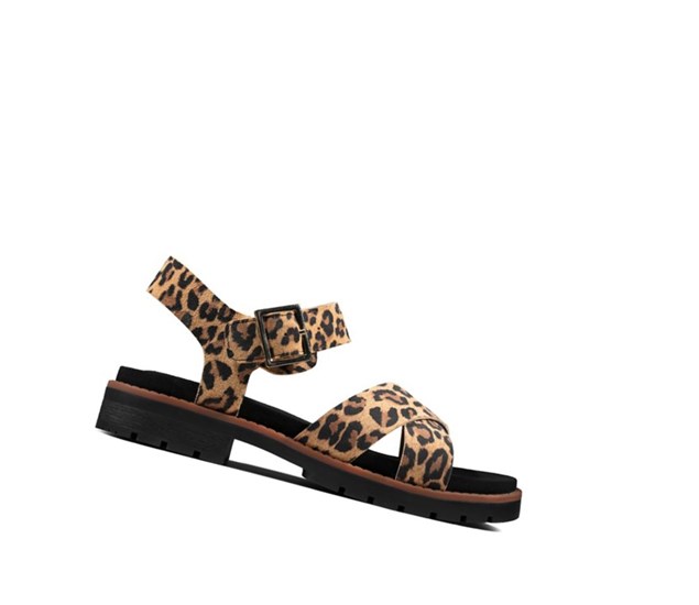 Sandalias Planas Clarks Orinoco Correa Print Cuero Mujer Leopardo | PNWI-91648