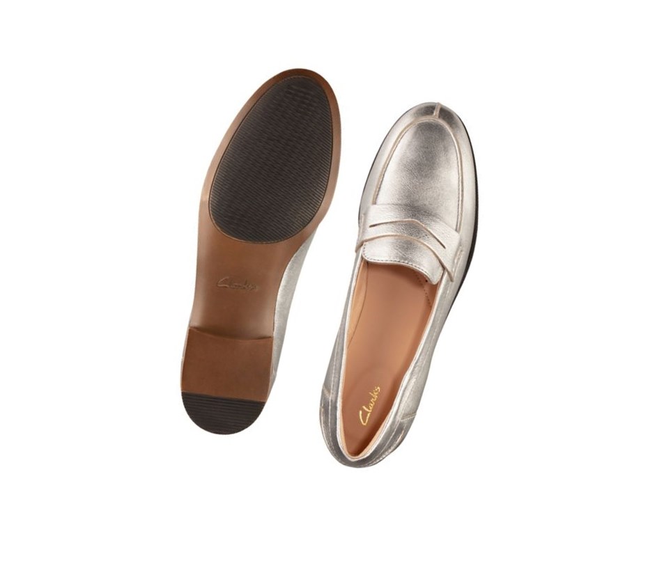 Loafers Clarks Hamble Cuero Mujer Plateadas Metal | FICA-83294