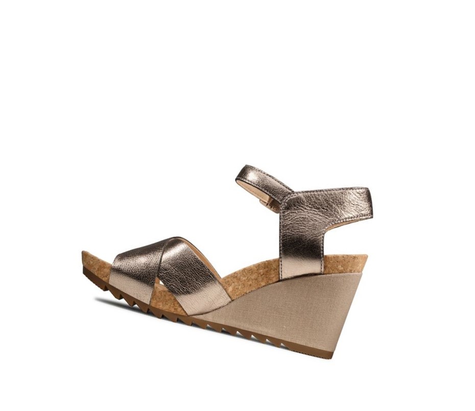 Sandalias Cuña Clarks Flex Sun Cuero Mujer Doradas | MOFI-65710