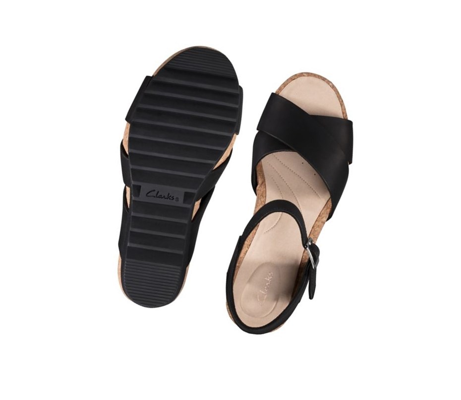 Sandalias Cuña Clarks Flex Sun Cuero Mujer Negras | UIQE-86153