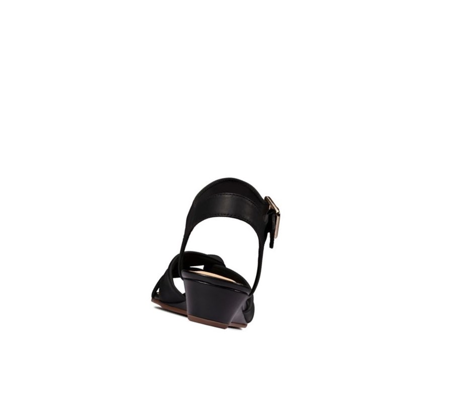 Sandalias Cuña Clarks Sense Correa Cuero Mujer Negras | CKLV-92061