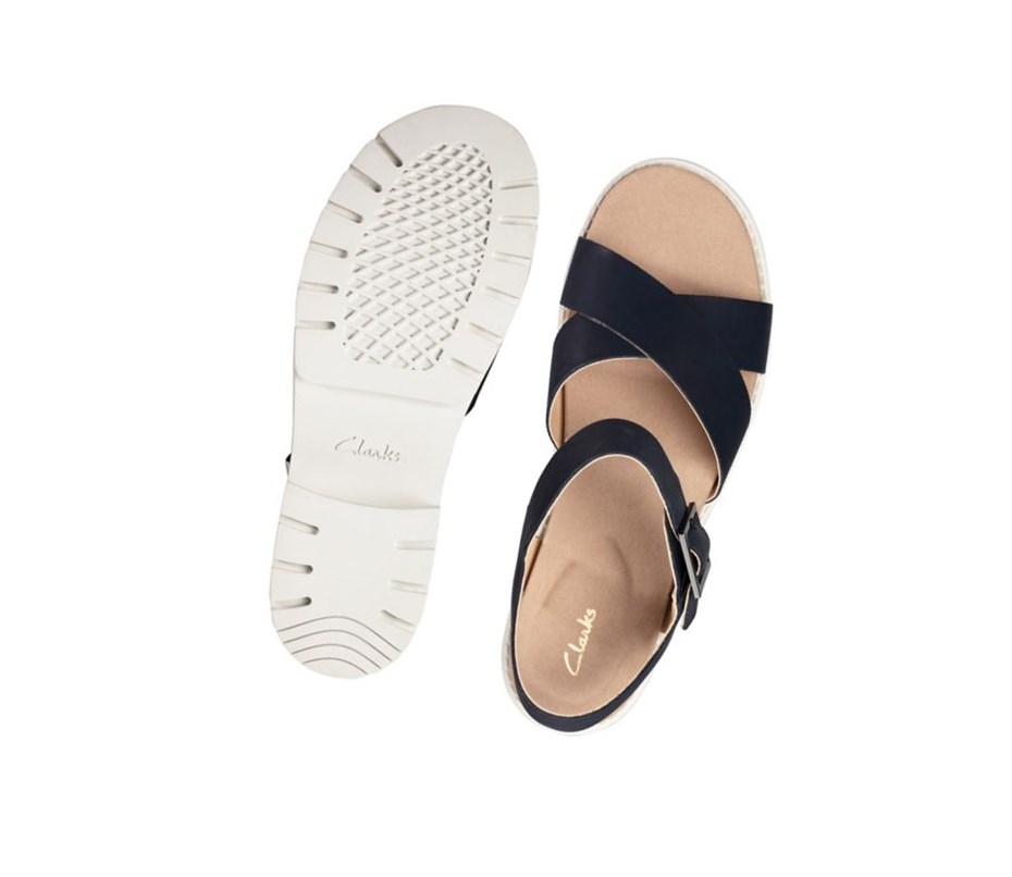 Sandalias Planas Clarks Orinoco Correa Cuero Mujer Azul Marino | MCTX-42519