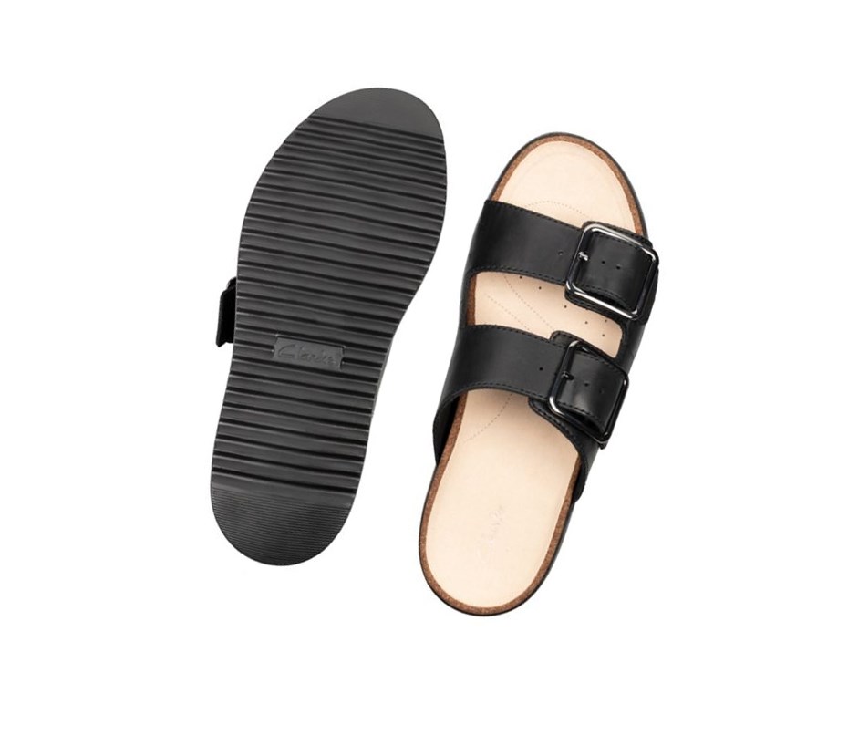 Sandalias de Diapositivas Clarks Botanic Chanclas Cuero Mujer Negras | VSCQ-72450