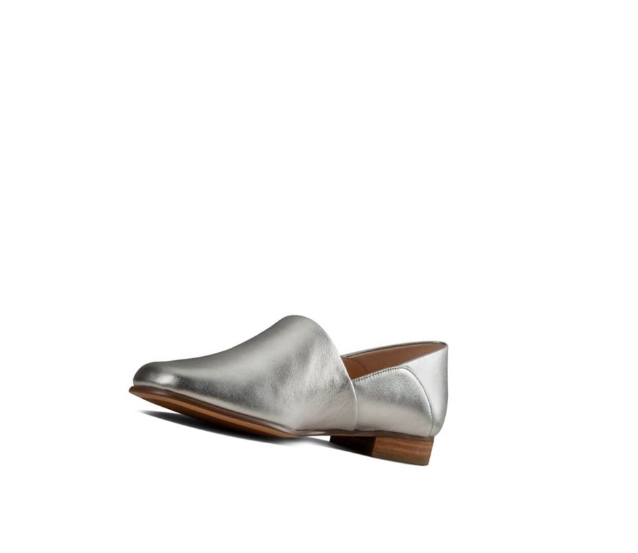 Zapatos Slip On Clarks Pure Tone Cuero Anchos Fit Mujer Plateadas Metal | HMTO-70561