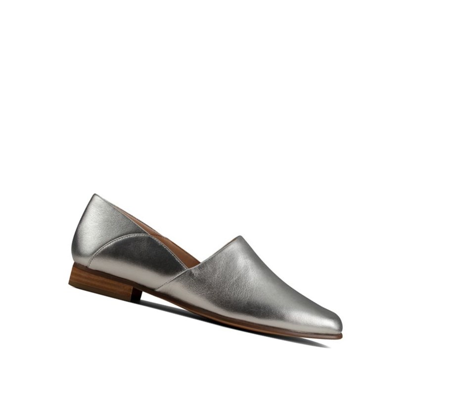 Zapatos Slip On Clarks Pure Tone Cuero Anchos Fit Mujer Plateadas Metal | HMTO-70561