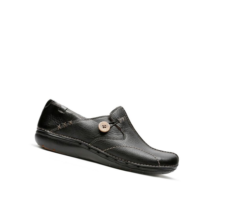 Zapatos Slip On Clarks Un Loop Cuero Anchos Fit Mujer Negras | AHTC-60792